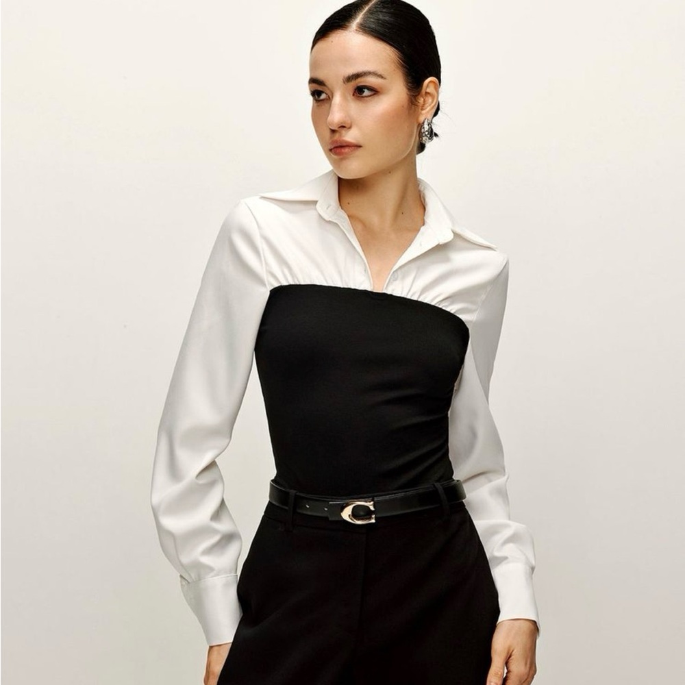 Commense Black and White Two Tone Panel Polo Women's Top